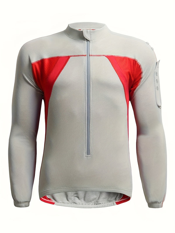 Casual Color Block Men's Stretch Stand Collar Long Sleeve Zipper Cycling Jacket, Spring Fall Outdoor Sports Top