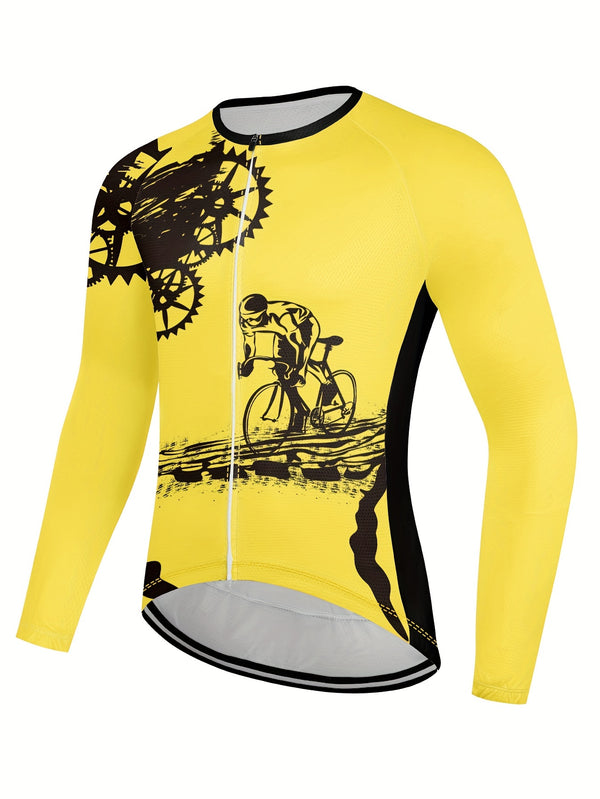 Mens Cyclist Graphic Full Zip Long Sleeve Cycling Jersey - Premium MTB Bike Shirt for Trail Adventures